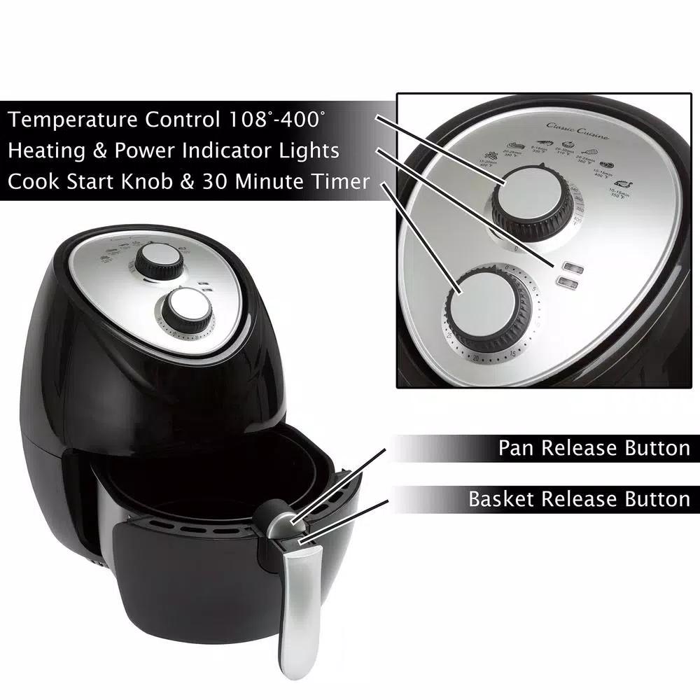 Classic Cuisine 3.7 Qt. Oil-Free Air Fryer, 1500W, Black