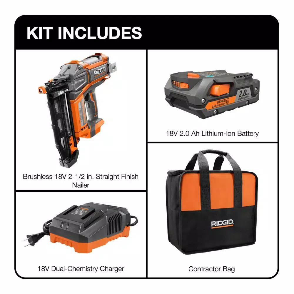 RIDGID 18V Cordless Brushless HYPERDRIVE 16-Gauge 2-1/2 in. Straight Finish Nailer Kit