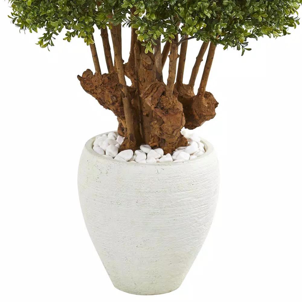 Nearly Natural 41 in. Artificial Boxwood Topiary Tree in White Planter with White Rocks