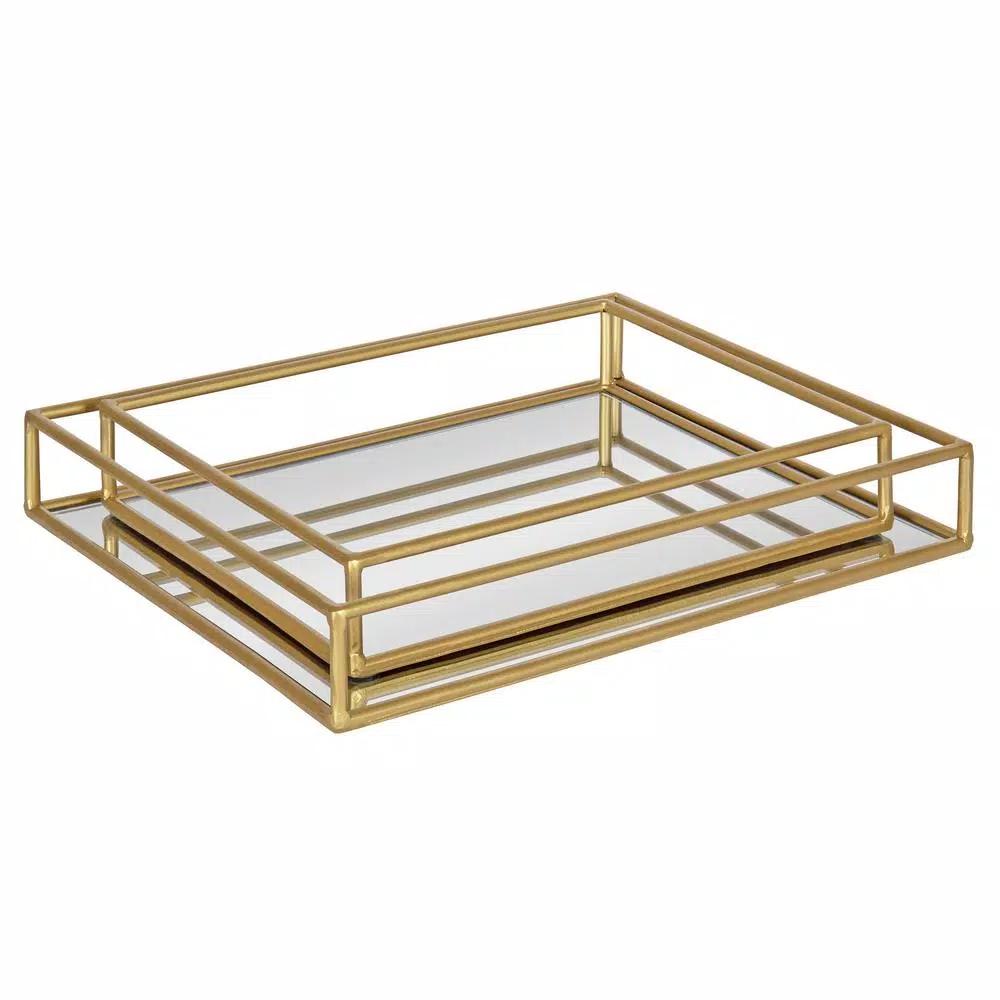 Kate and Laurel Felicia Gold Mirrored Metal Nesting Tray Set - Decorative Rectangular Trays for Home Decor