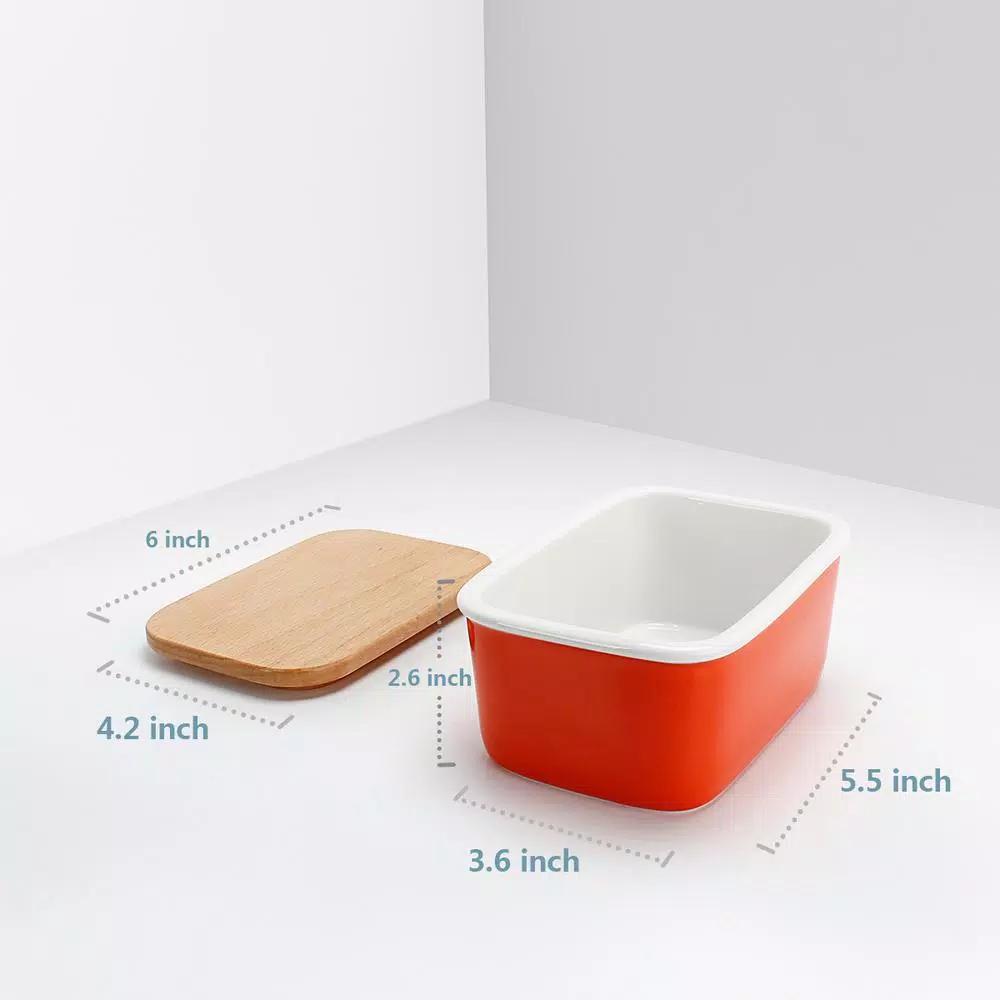 Sweese Large Porcelain Butter Dish with Beech Wood Lid, Orange