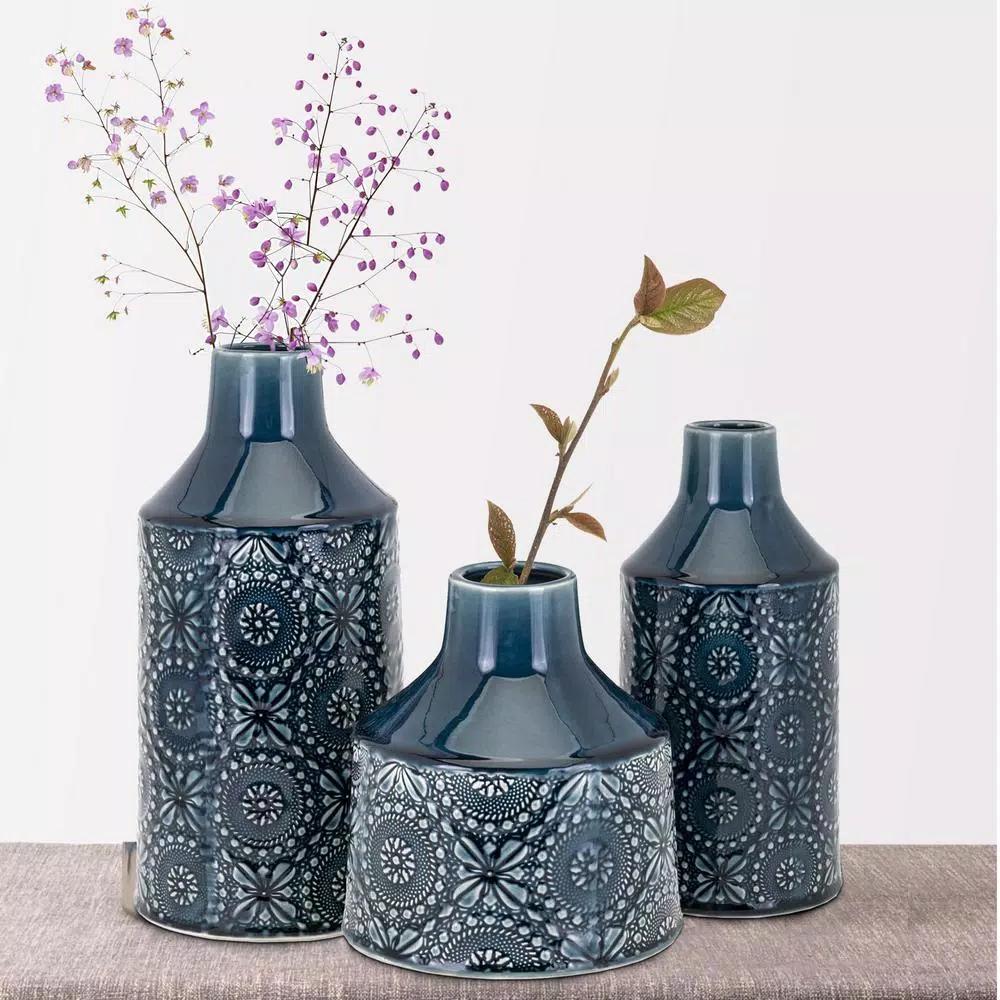 Benjara Athena Glazed Cerulean Blue Ceramic Floral Vases, Set of 3
