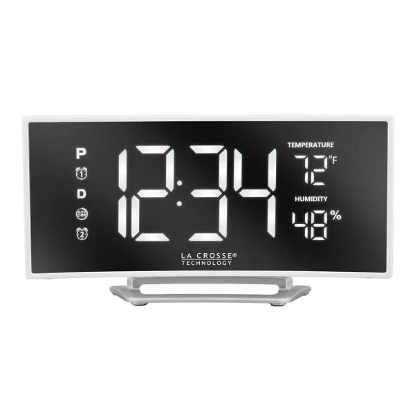 La Crosse Technology Curved Mirror LED Digital Alarm Clock with Temperature, Humidity, and USB Charging Port
