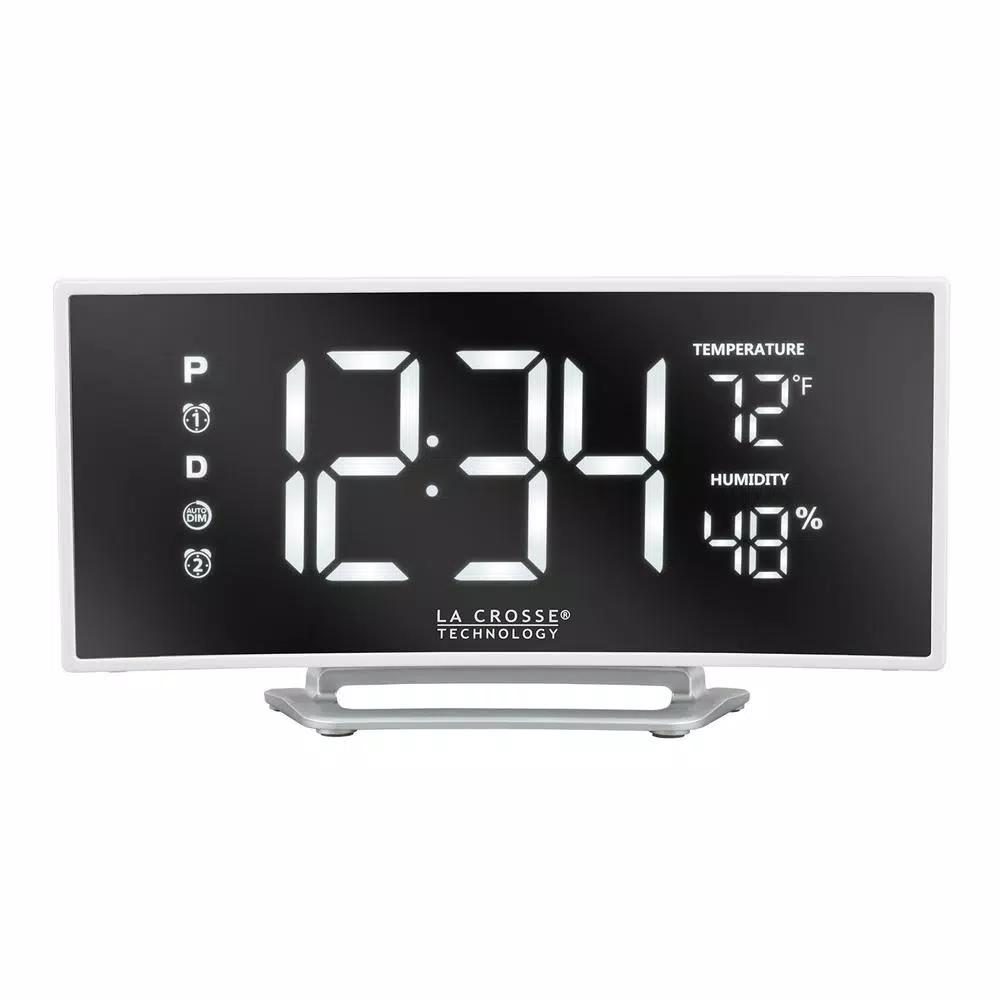 La Crosse Technology Curved Mirror LED Digital Alarm Clock with Temperature, Humidity, and USB Charging Port