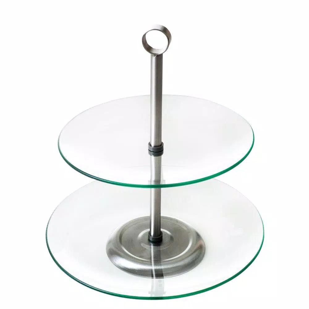 Chef Buddy 2-Tier Round Glass Buffet and Dessert Stand with Stainless Steel Base