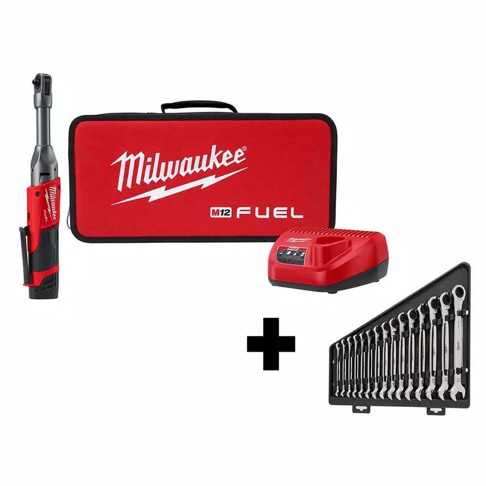 Milwaukee M12 FUEL 12V Cordless 1/4 in. Extended Reach Ratchet Kit with Metric Ratcheting Wrench Set
