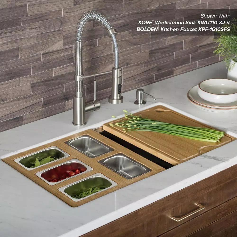 KRAUS Workstation Kitchen Sink Accessory Set with Bamboo Serving Board and 5 Stainless Steel Prep Bowls