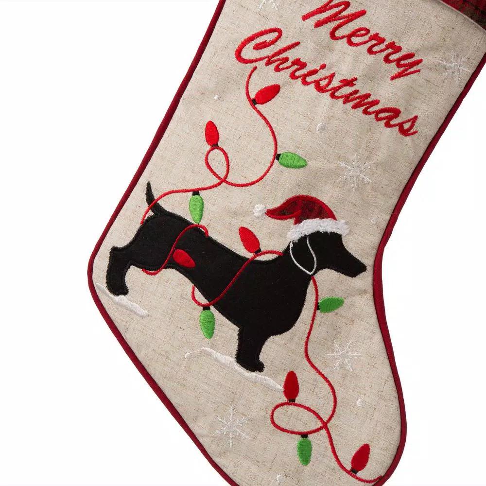 Glitzhome 21 in. Dachshund Fabric Christmas Stocking - White with Red Trim