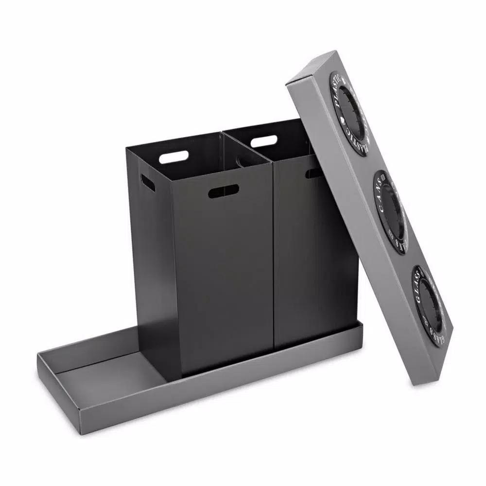 Alpine Industries 28 Gal. Black Corrugated Plastic 3-Compartment Indoor Trash and Recycling Bin