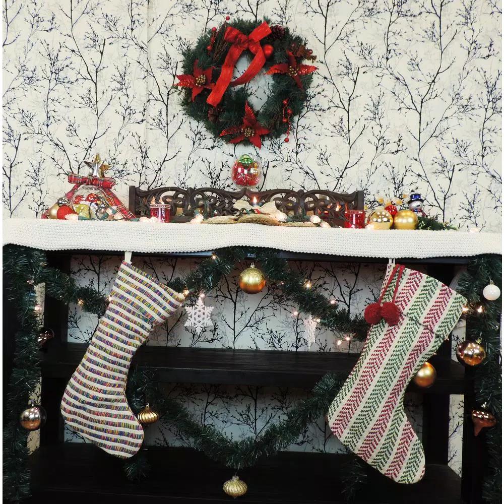 LR Home 20 in. Multi-Color Cotton Striped Christmas Stocking with Pom Pom