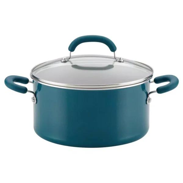 Rachael Ray Create Delicious 6 Qt. Aluminum Nonstick Stock Pot with Glass Lid, Red Shimmer