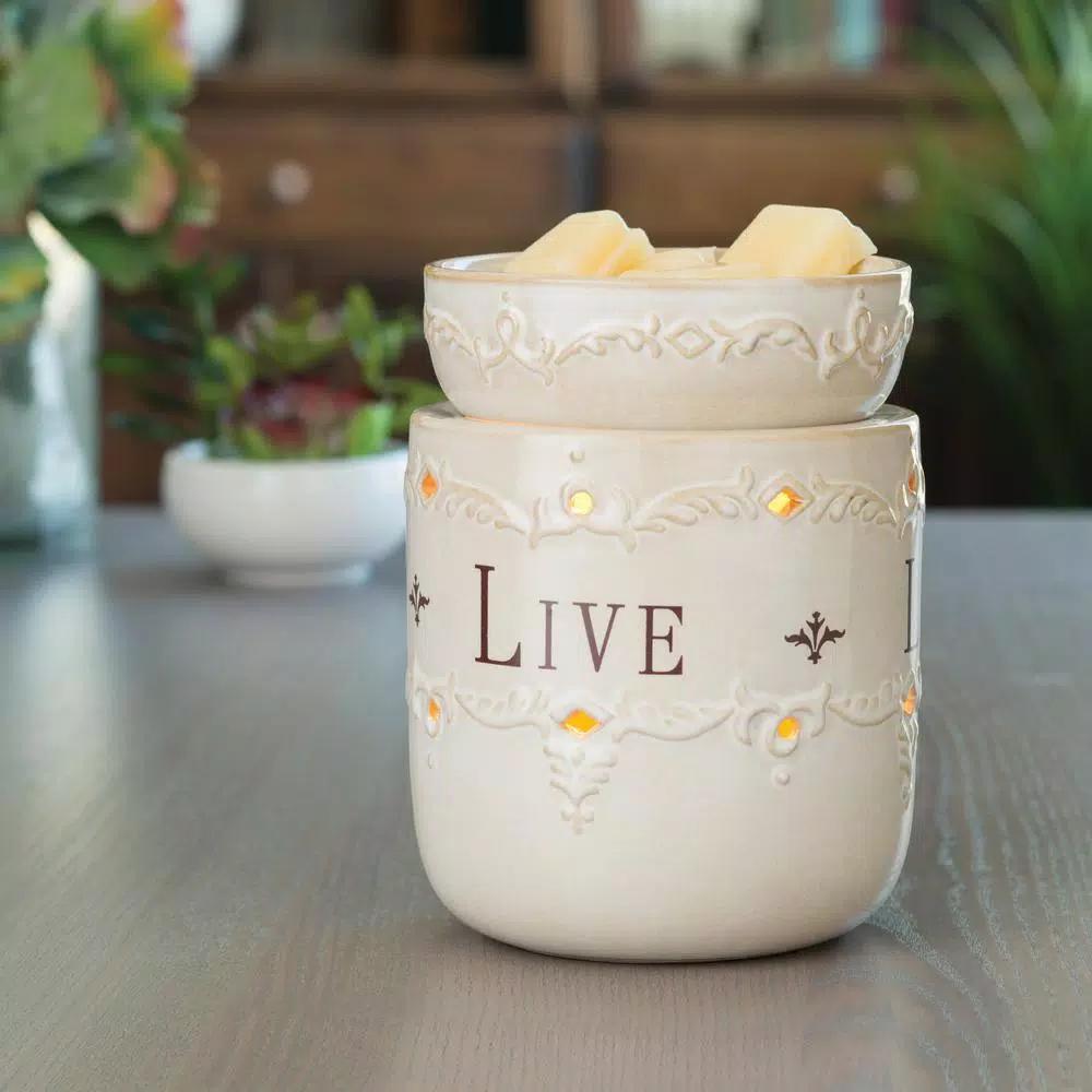 Candle Warmers Etc 8.8 in. Live, Laugh, Love Ivory Reactive Glazed Fragrance Warmer