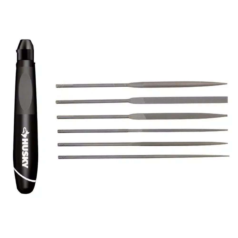 Husky 6-Piece Steel Precision File Set with Ergonomic Handle and Storage Case