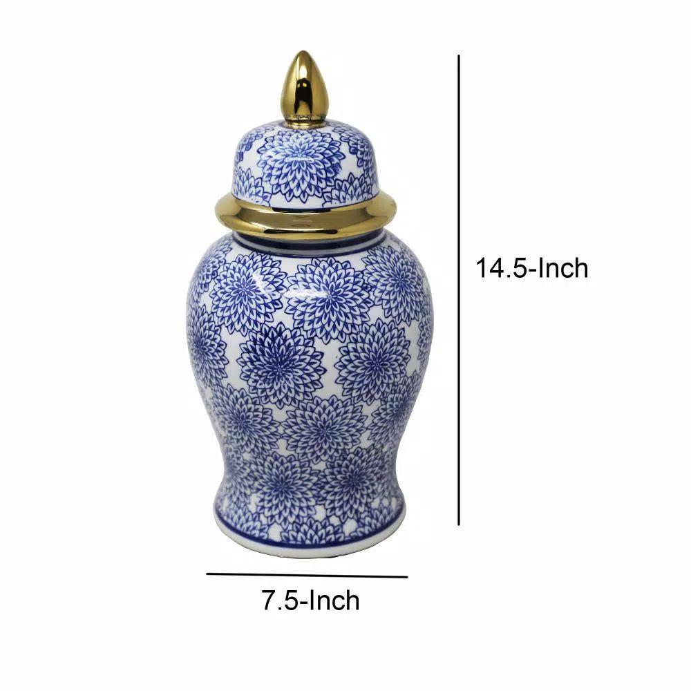Benjara Blue and White Ceramic Temple Jar with Dahlia Flower Design and Gold Accents