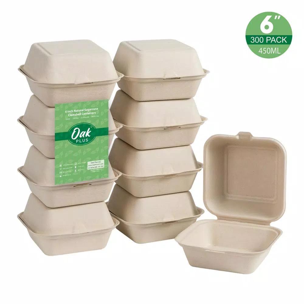 Unbranded 6 in. White Sugarcane Clamshell Containers, Compostable & Eco-Friendly (300 Pack)