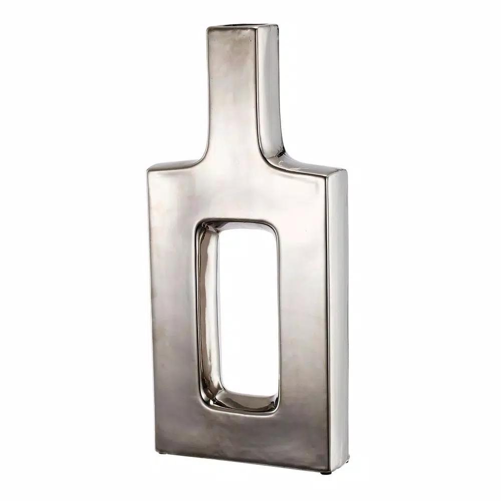 A & B Home Ceramic Keyhole Silver Vase - Modern Square Table Vase with Matte Metallic Finish