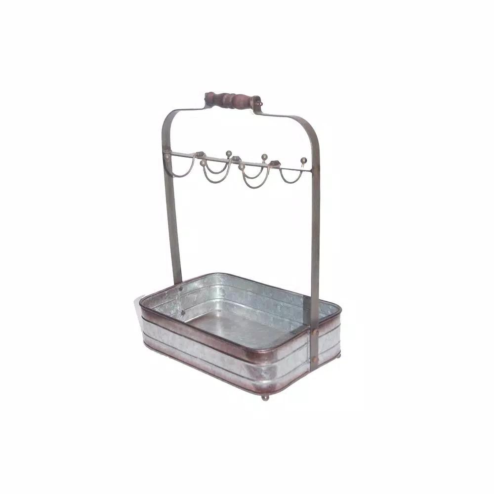 Benzara Rustic Galvanized Metal 6-Hook Crockery Holder with Wooden Handle