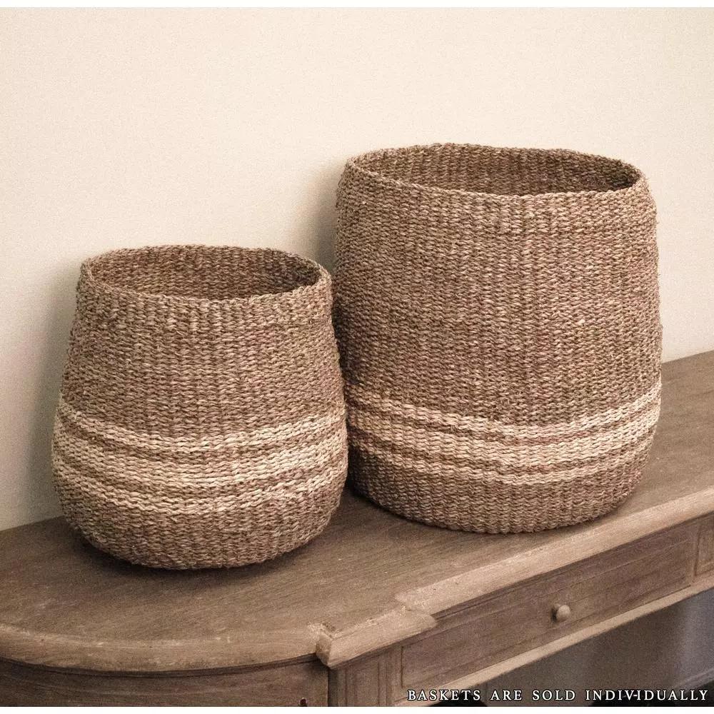Zentique Hand Woven Seagrass and Palm Leaf Decorative Basket with Beige Stripes, Medium
