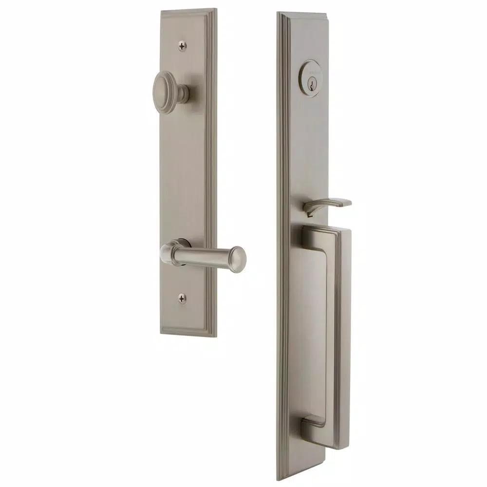 Grandeur Carre Satin Nickel 1-Piece Door Handleset with D Grip and Georgetown Lever