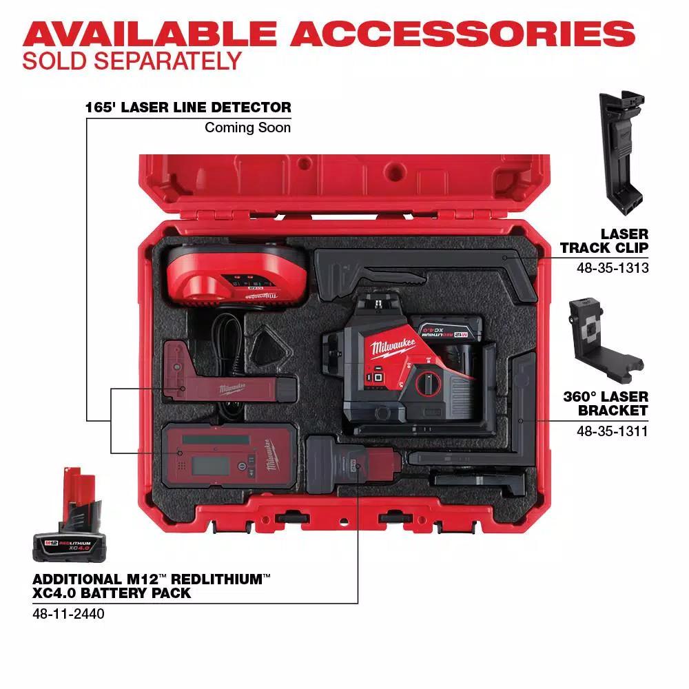 Milwaukee M12 Green 360° 3-Plane Laser Level Kit with 4.0 Ah Battery, Charger, and Case