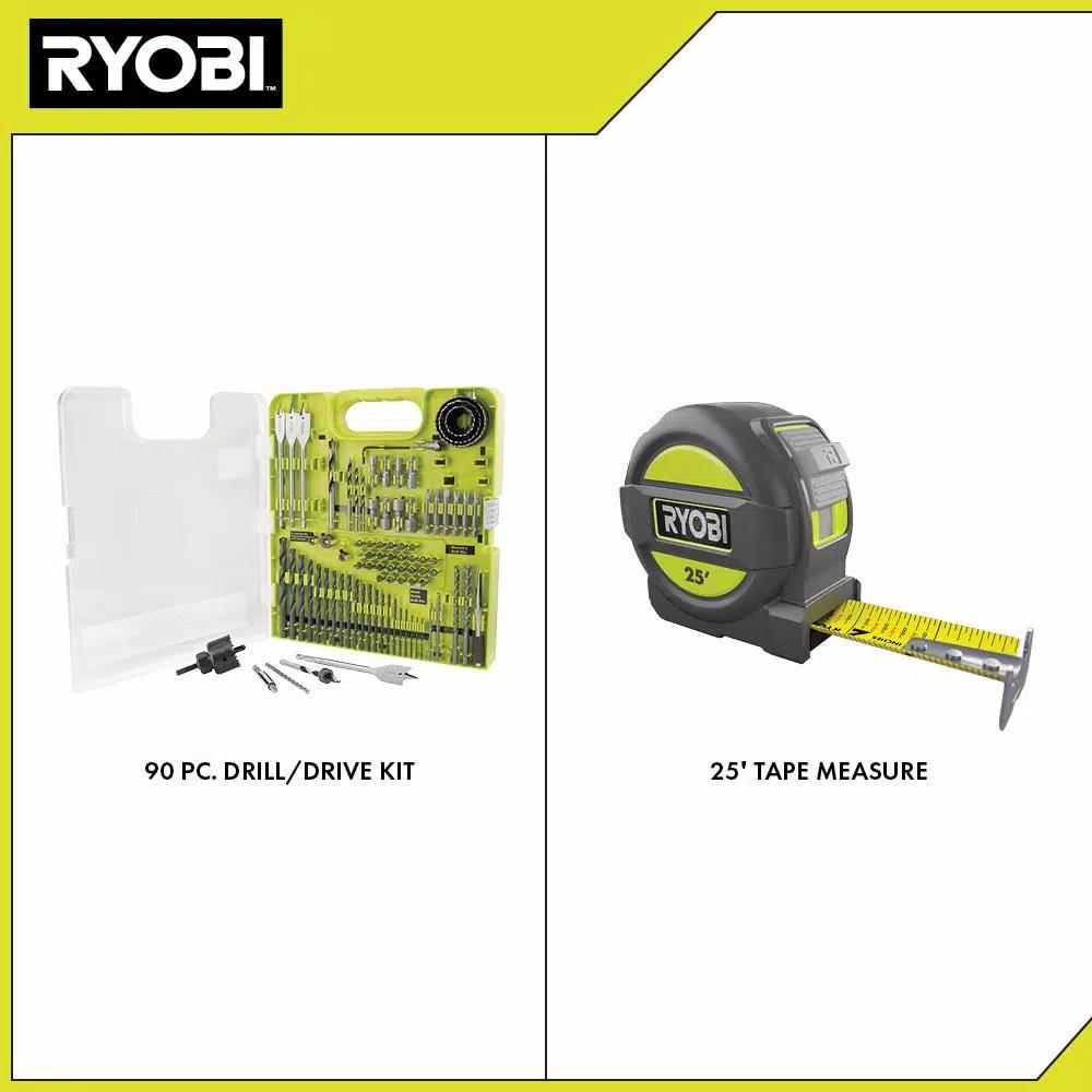 RYOBI 90-Piece Multi-Material Drill and Drive Kit with Bonus 25 ft. Tape Measure