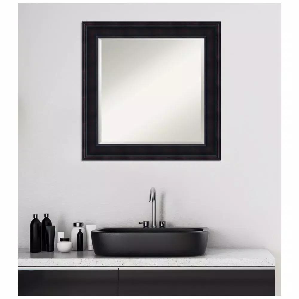 Amanti Art 25 in. Square Beveled Edge Wood Framed Bathroom Vanity Mirror, Dark Brown Mahogany