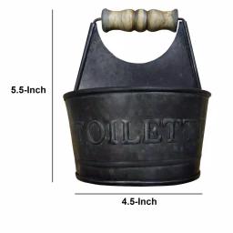 Benzara Dark Gray Iron Toilet Caddy with Wooden Handles and Embossed Tiolette Text thumbnail 5