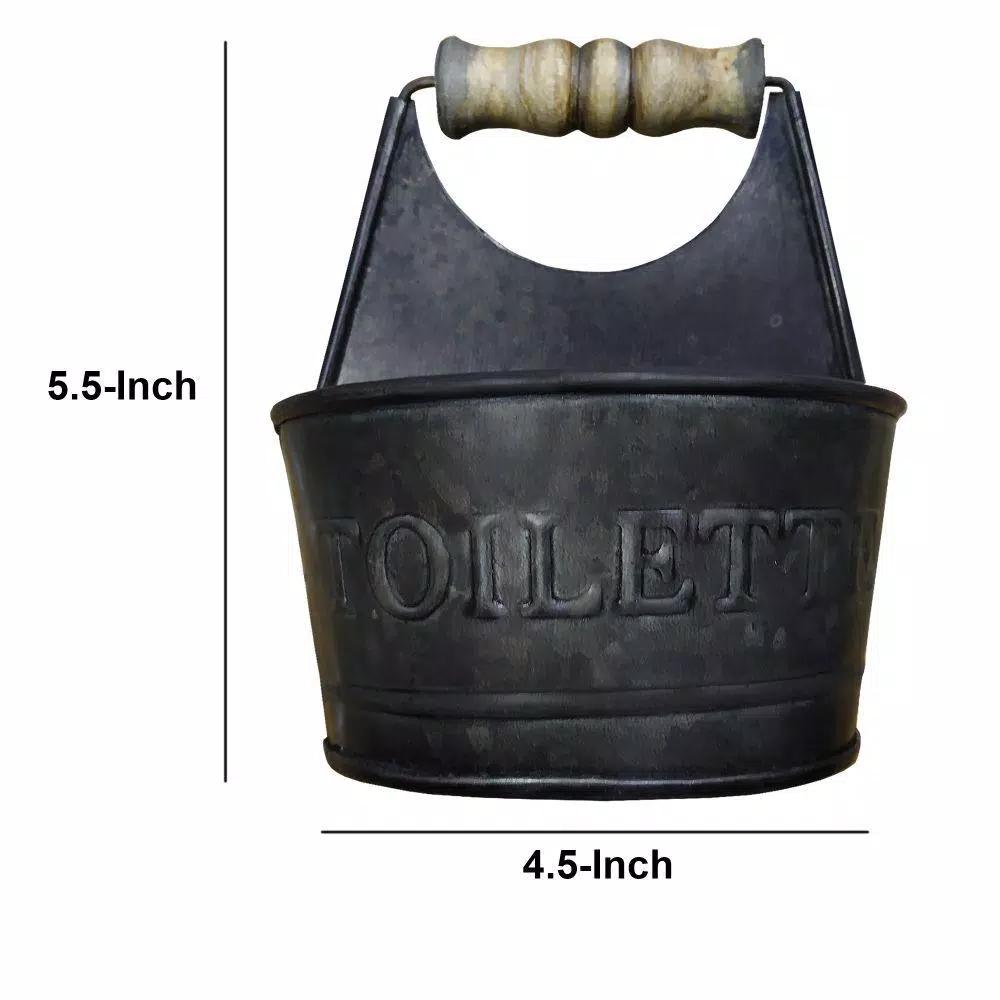 Benzara Dark Gray Iron Toilet Caddy with Wooden Handles and Embossed Tiolette Text