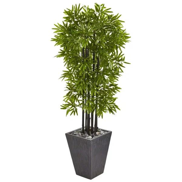 Nearly Natural 61 in. Artificial Bamboo Tree with Black Trunks and Slate Planter, UV Resistant Indoor/Outdoor
