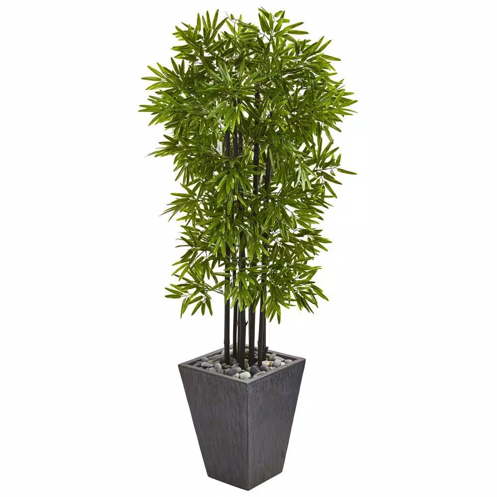 Nearly Natural 61 in. Artificial Bamboo Tree with Black Trunks and Slate Planter, UV Resistant Indoor/Outdoor