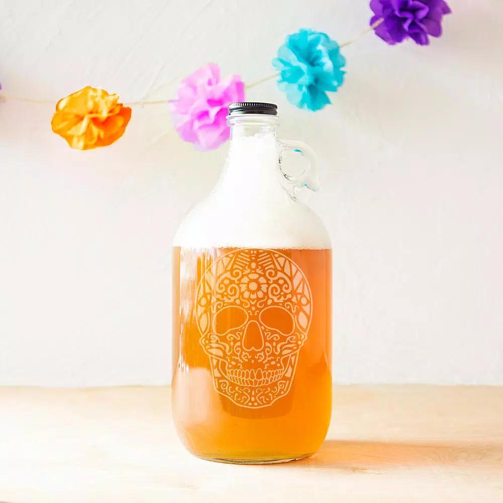 Cathy's Concepts 64 oz. Sugar Skull Glass Craft Beer Growler with Screw-Top Lid and Handle