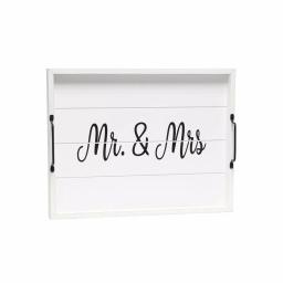 Elegant Designs White Wash Wooden Decorative Serving Tray with Black Metal Handles - Mr. and Mrs. Farmhouse Style thumbnail 7
