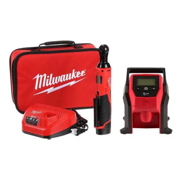 Milwaukee M12 12V Lithium-Ion 3/8 in. Ratchet and Compact Inflator 2-Tool Combo Kit