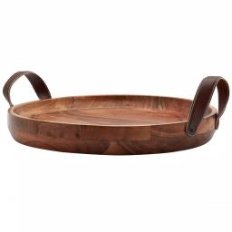 Mason Craft & More 19 in. Round Acacia Wood Serving Tray with Faux Leather Handles thumbnail 1