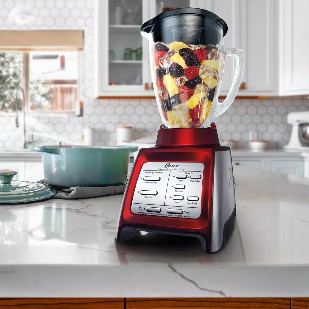 Oster Designed for Life 7-Speed Red Blender with 48 oz. Glass Jar and 20 oz. Smoothie Cup