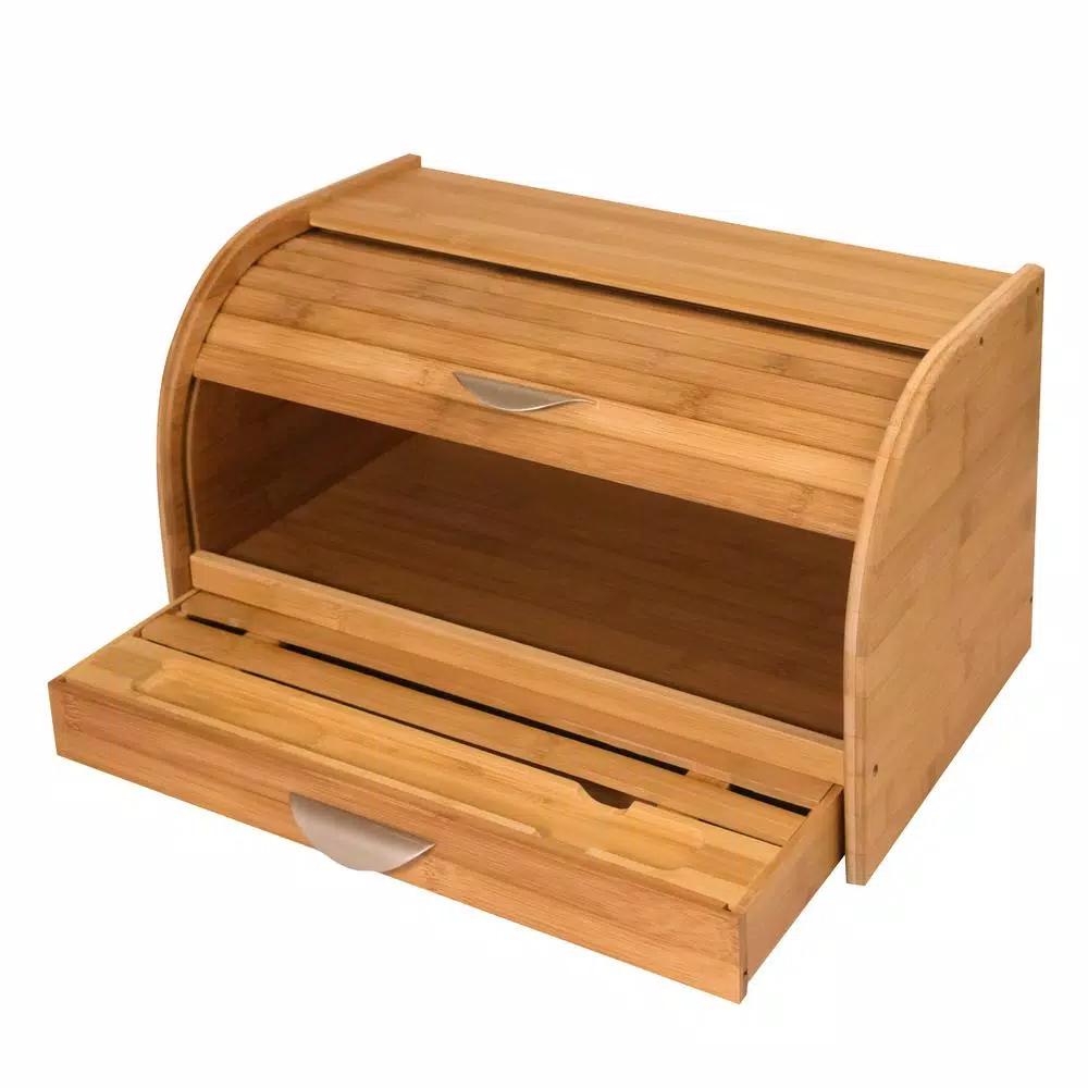Honey-Can-Do Bamboo Bread Box with Roll-Top Door, Pull-Out Drawer, and Integrated Cutting Board