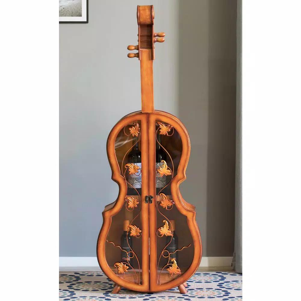 Vintiquewise Antique Brown Violin Shaped Wooden Wine Rack - 53.5 inch Floor Wine Cabinet with Acrylic Doors