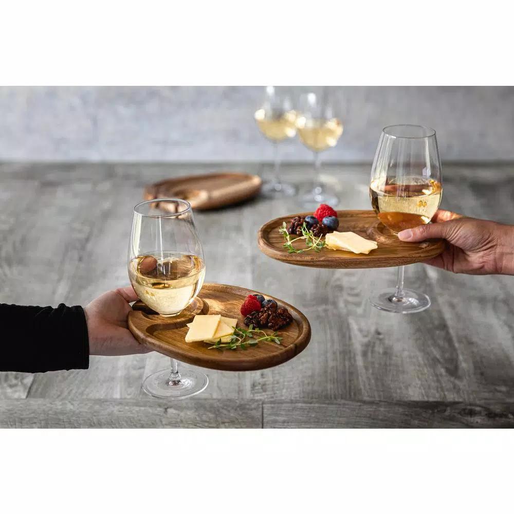 Picnic Time Acacia Wood Wine & Appetizer Plates with Glass Notch - Set of 4