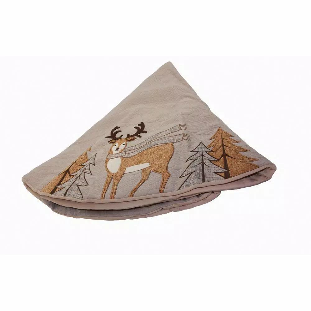 Manor Luxe Xia Home Fashions 56 in. Cozy Reindeer Embroidered Christmas Tree Skirt, Brown