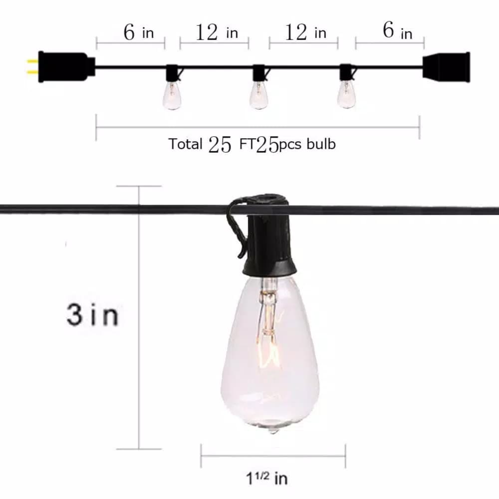 ALEKO's 25 ft. Traditional Patio String Cafe Lights, 25 Warm White Incandescent Bulbs, Indoor/Outdoor Weatherproof