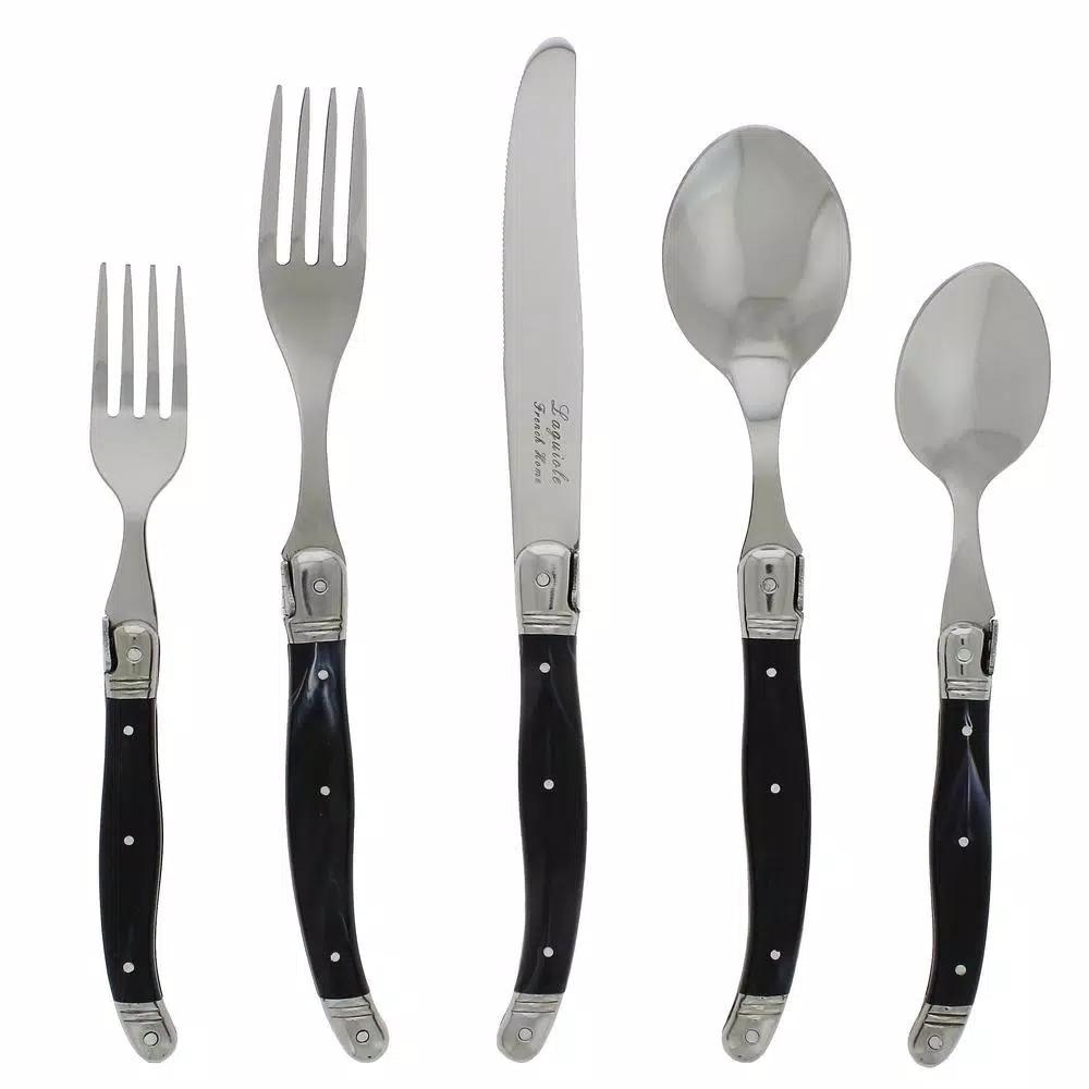 French Home Laguiole 20-Piece Stainless Steel Flatware Set with Black Faux Marble Handles, Service for 4