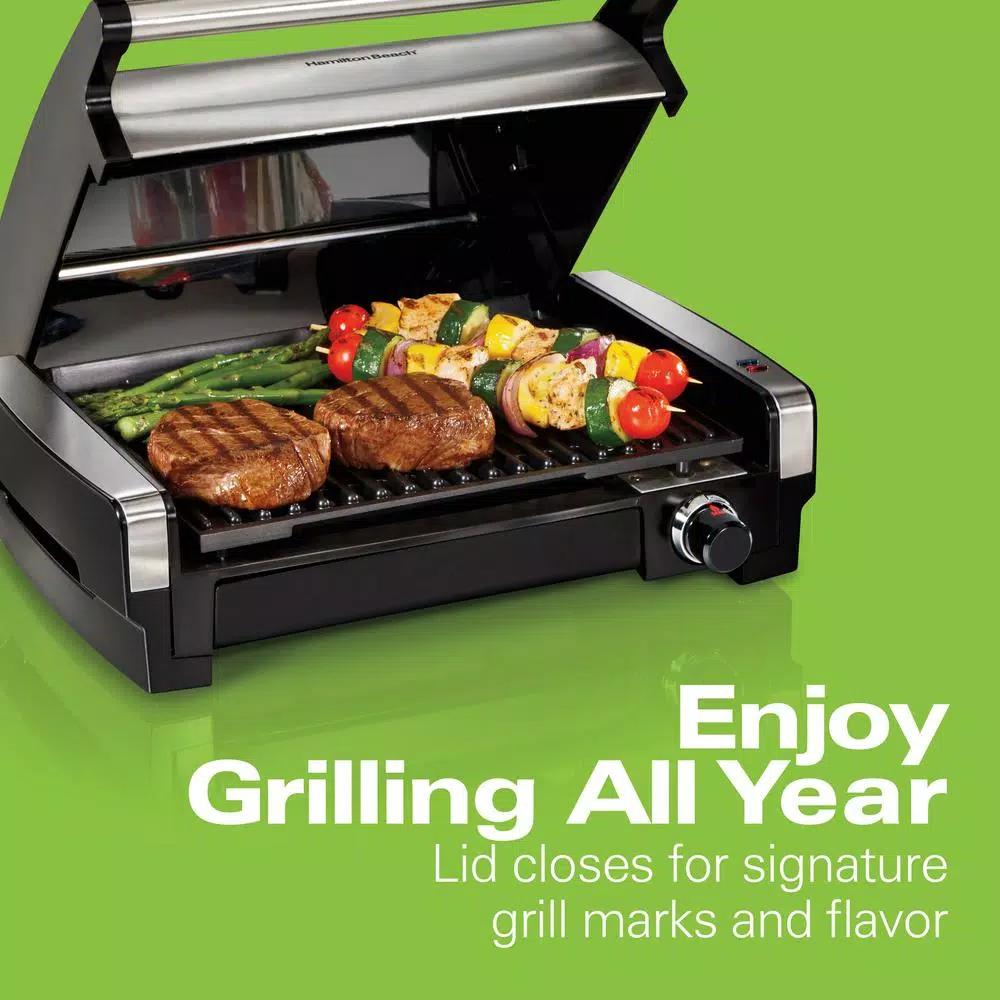 Hamilton Beach Searing Grill 118 sq. in. Stainless Steel Indoor Countertop Grill with Non-Stick Plates