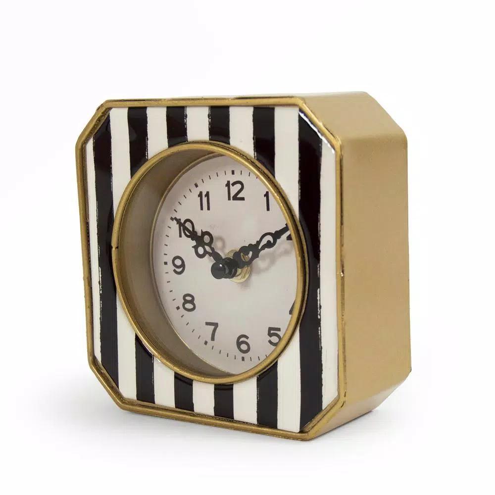 Zentique Black and White Striped Analog Desk Clock with Gold Trimmed Metal Frame
