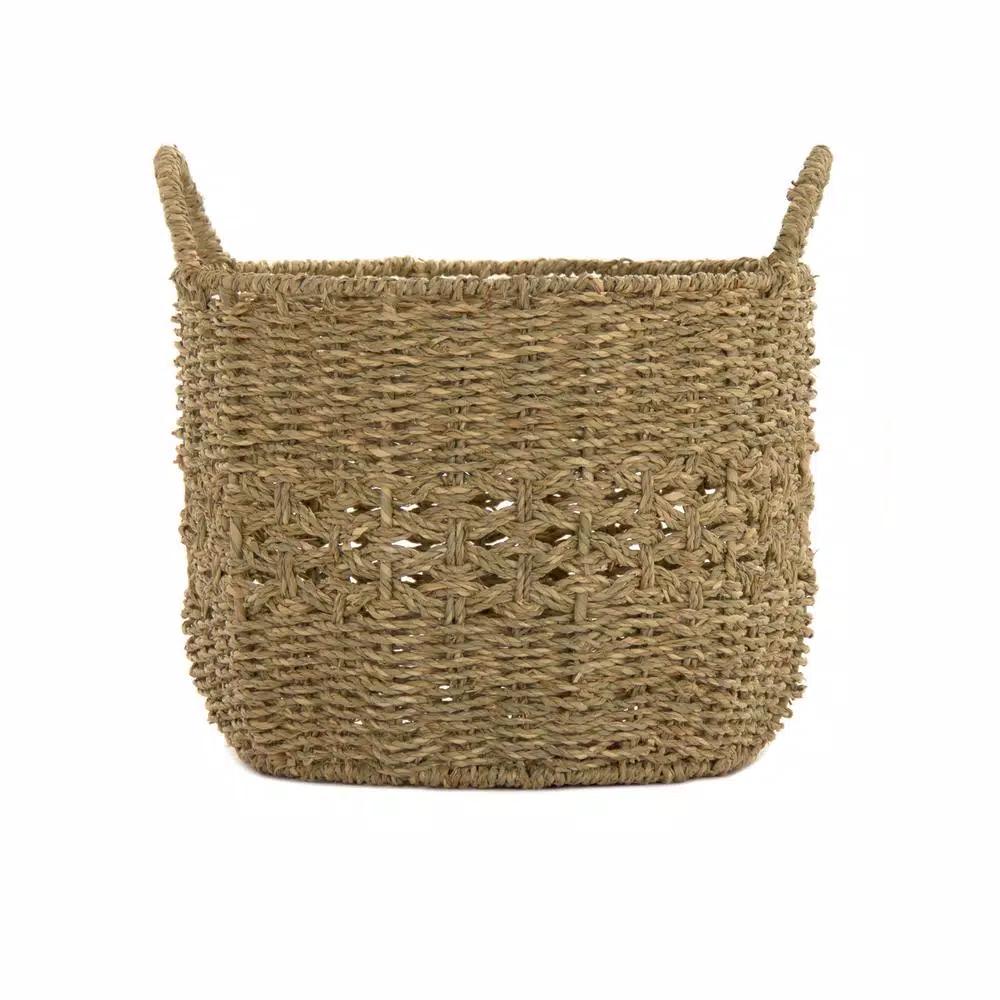 Zentique Handmade Round Woven Seagrass Wicker Basket with Handles, Brown