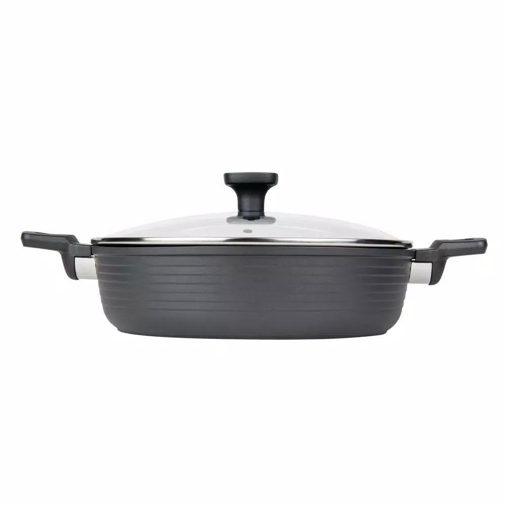 MasterPan Modern Series 5 qt. Cast Aluminum Nonstick Saute Pan with Glass Lid, Black