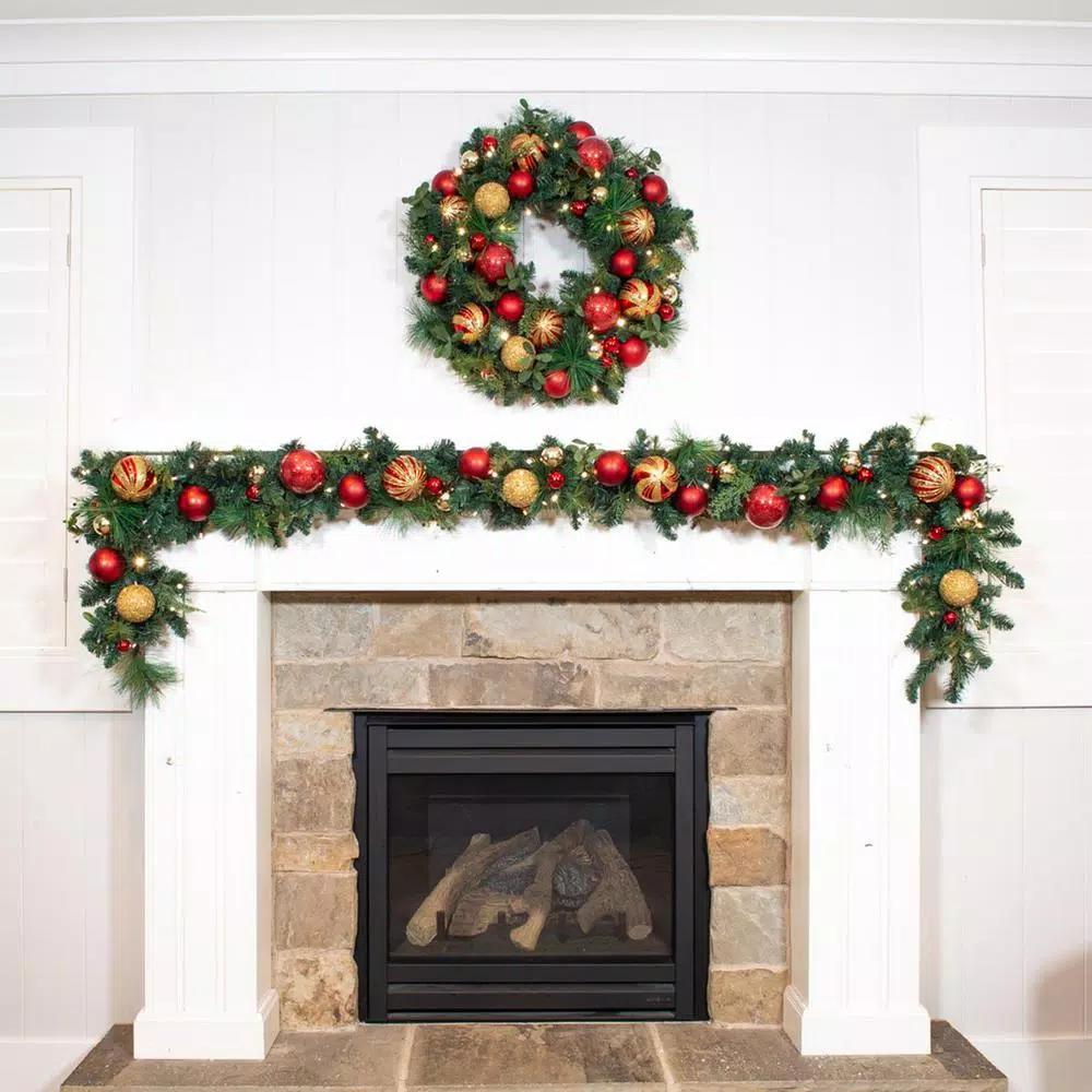 Village Lighting Company 9 ft. Pre-Lit LED Christmas Classic Garland with Red and Gold Ornaments
