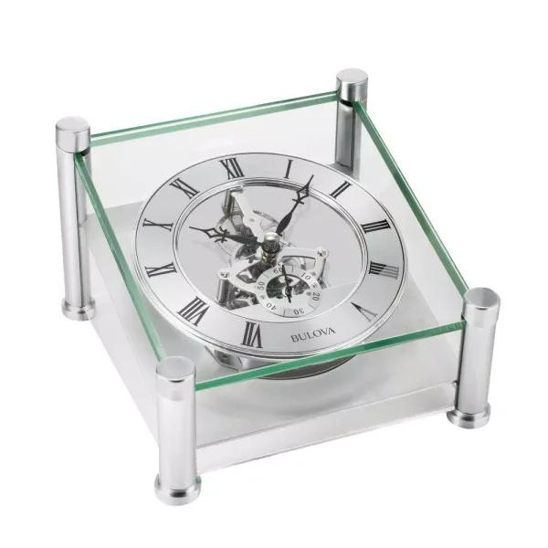 Bulova Quantum Skeleton Movement Table Clock - Brushed Silver Metal Case