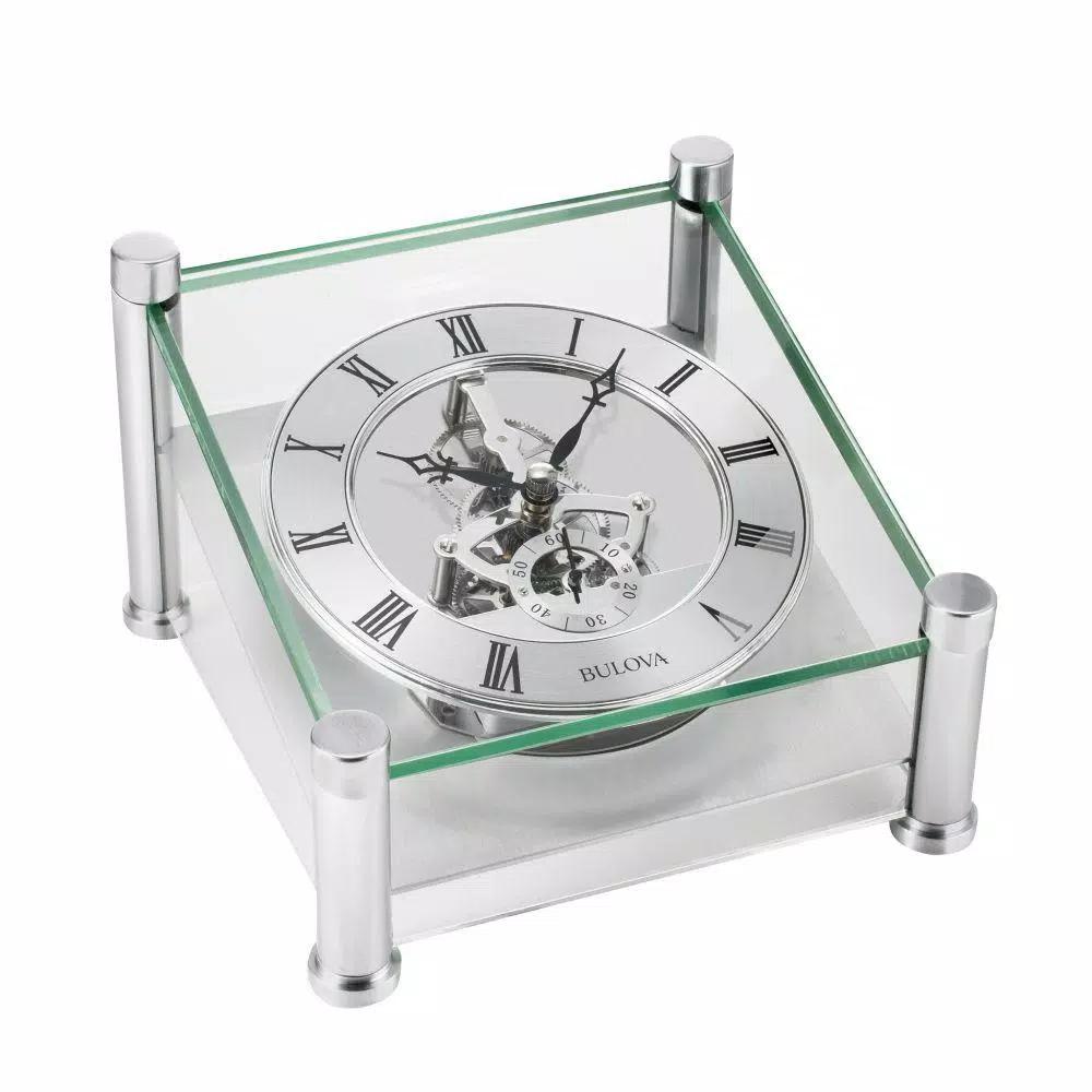 Bulova Quantum Skeleton Movement Table Clock - Brushed Silver Metal Case