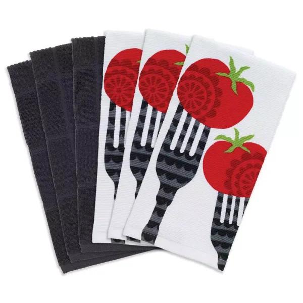 RITZ T-fal Multicolor Fork Cotton Print and Solid Kitchen Dish Towel Set, 6-Pack