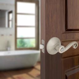 Defiant Scroll Satin Nickel Privacy Lever Set for Bedroom and Bathroom Doors thumbnail 2